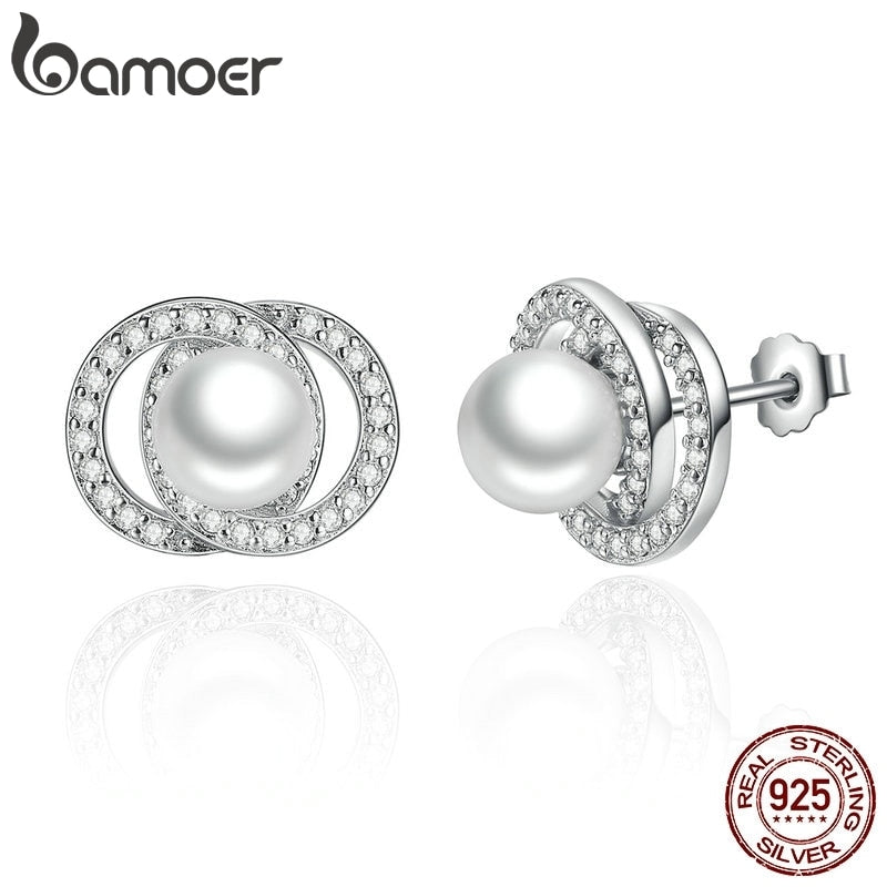 BAMOER Elegant 925 Sterling Silver White Pearl with Push-back Stud Earrings For Women Wedding Fashion Jewelry SCE020