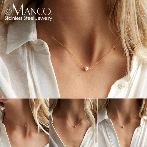 e-Manco Classic Stainless Steel Necklace Simple Imitation Pearl Pendant Choker Necklace for women Chain Necklaces