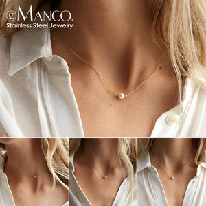 e-Manco Classic Stainless Steel Necklace Simple Imitation Pearl Pendant Choker Necklace for women Chain Necklaces