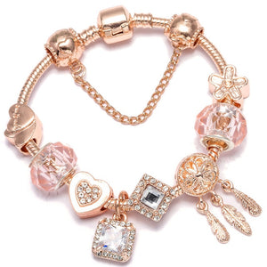 TOGORY New Fashion Grystal&Glass Sunflower Dangles Charm Bracelet Fit Snake Chain DIY Fine Bracelet for Women Jewelry Gift
