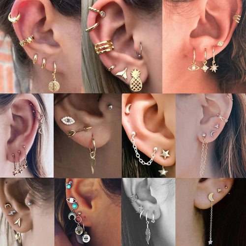 Bohemian Small Crystal Circle Stars Arrow Piercing Earrings Set for Women Round Flower Mix Shape Ear Studs Cuff Earrings Clip