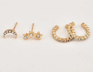 Bohemian Small Crystal Circle Stars Arrow Piercing Earrings Set for Women Round Flower Mix Shape Ear Studs Cuff Earrings Clip