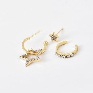 Bohemian Small Crystal Circle Stars Arrow Piercing Earrings Set for Women Round Flower Mix Shape Ear Studs Cuff Earrings Clip