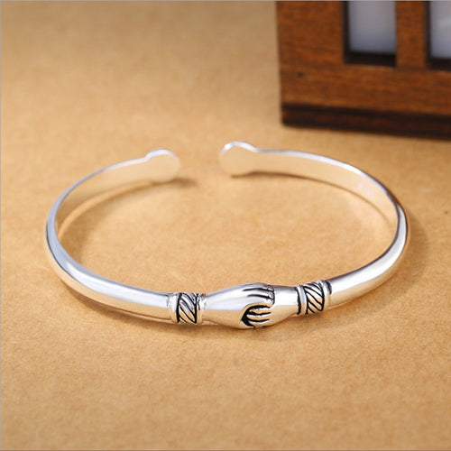 New Retro Female 925 Sterling Silver Jewelry Bracelets Opening Handshake Creative Friendship Bangles