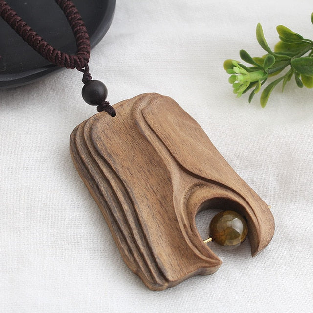 SEDmart Vintage Sandalwood Natural Stone Pendant Necklace for Women and Girls Long Sweater Chain Adjustable Jewelry GiftSouvenir