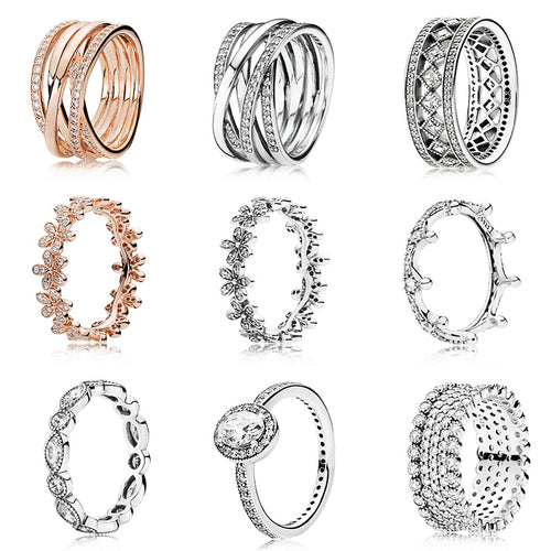 9 Styler 925 Sterling Silver Charms Women Ring Rose Gold Snowflake Crown With Full Crystal Round Ring For Women Jewelry