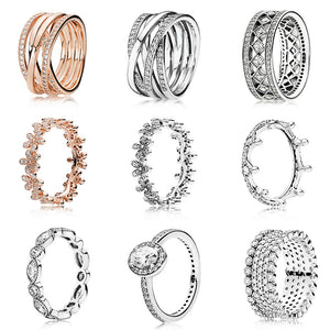 9 Styler 925 Sterling Silver Charms Women Ring Rose Gold Snowflake Crown With Full Crystal Round Ring For Women Jewelry