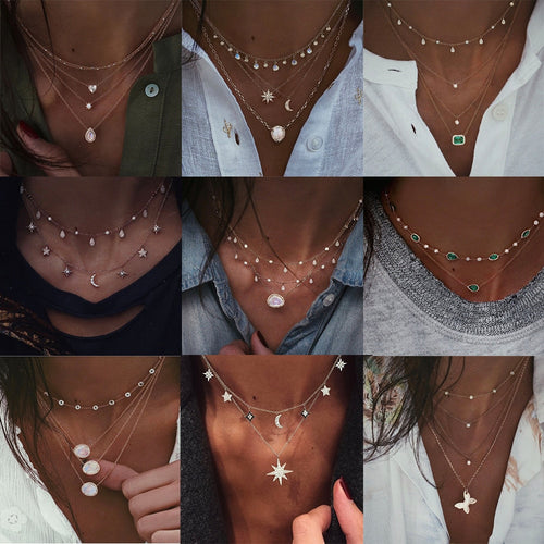Vintage Multi-element Crystal Necklace For Women Fashion Stone Necklace Multiple Layers Pendant Long Necklaces Boho Gift Jewelry
