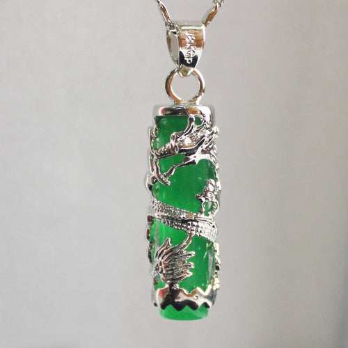 Natural Green Jade Dragon pillar Pendant Necklace Charm Jewellery Fashion Accessories Hand-Carved Man ahd woman Luck Amulet Gift
