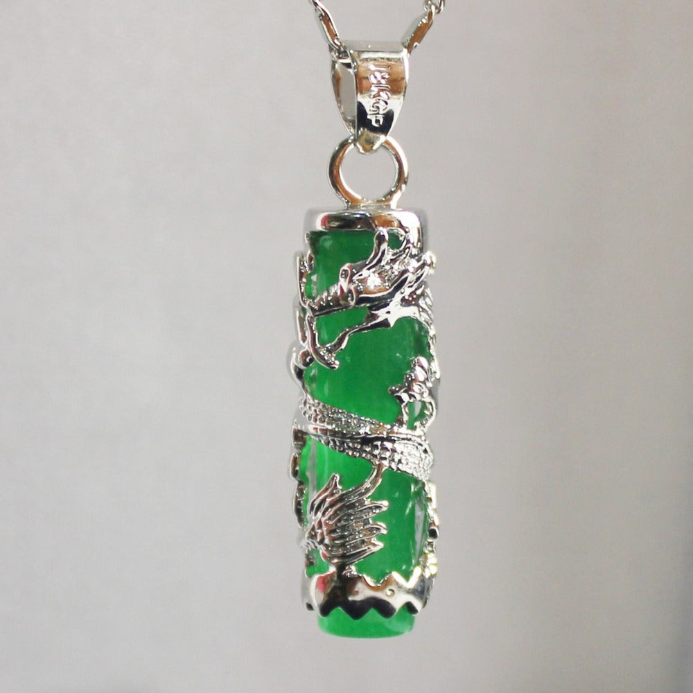 Natural Green Jade Dragon pillar Pendant Necklace Charm Jewellery Fashion Accessories Hand-Carved Man ahd woman Luck Amulet Gift