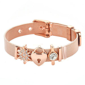 TOGORY Valentine's Day Gift Stainless Steel Mesh Bracelets Love Heart to Heart Charms Brand Bracelet for Woman Man Jewelry