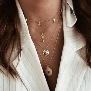 17KM Boho Gold Necklaces Pendants For Women Vintage Y Lock Moon Pearl Star Necklace 2019 Female Collar Choker Fashion Jewelry