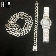 Load image into Gallery viewer, Necklace +Watch+Bracelet Hip Hop Miami Curb Cuban Chain Gold Silver Iced Out Paved Rhinestones CZ Bling Rapper For Men Jewelry
