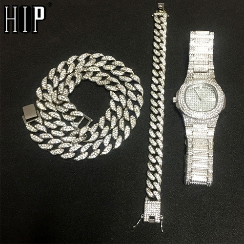 Necklace +Watch+Bracelet Hip Hop Miami Curb Cuban Chain Gold Silver Iced Out Paved Rhinestones CZ Bling Rapper For Men Jewelry