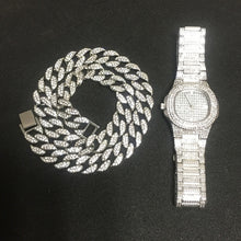Load image into Gallery viewer, Necklace +Watch+Bracelet Hip Hop Miami Curb Cuban Chain Gold Silver Iced Out Paved Rhinestones CZ Bling Rapper For Men Jewelry