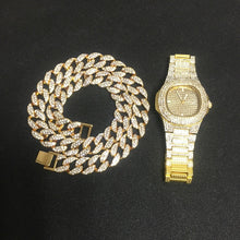 Load image into Gallery viewer, Necklace +Watch+Bracelet Hip Hop Miami Curb Cuban Chain Gold Silver Iced Out Paved Rhinestones CZ Bling Rapper For Men Jewelry