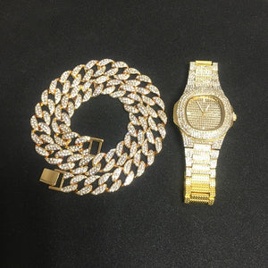 Necklace +Watch+Bracelet Hip Hop Miami Curb Cuban Chain Gold Silver Iced Out Paved Rhinestones CZ Bling Rapper For Men Jewelry