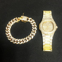 Load image into Gallery viewer, Necklace +Watch+Bracelet Hip Hop Miami Curb Cuban Chain Gold Silver Iced Out Paved Rhinestones CZ Bling Rapper For Men Jewelry