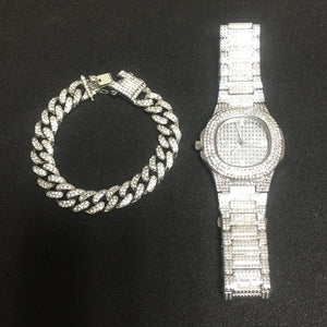 Necklace +Watch+Bracelet Hip Hop Miami Curb Cuban Chain Gold Silver Iced Out Paved Rhinestones CZ Bling Rapper For Men Jewelry