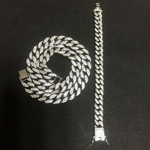 Necklace +Watch+Bracelet Hip Hop Miami Curb Cuban Chain Gold Silver Iced Out Paved Rhinestones CZ Bling Rapper For Men Jewelry