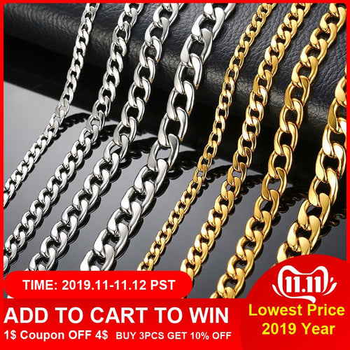 Silver Gold Filled Solid Necklace Curb Chains Link Men Choker Stainless Steel Male Female Accessories Fashion