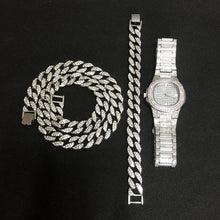 Load image into Gallery viewer, Necklace +Watch+Bracelet Hip Hop Miami Curb Cuban Chain Gold Silver Iced Out Paved Rhinestones CZ Bling Rapper For Men Jewelry