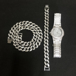Necklace +Watch+Bracelet Hip Hop Miami Curb Cuban Chain Gold Silver Iced Out Paved Rhinestones CZ Bling Rapper For Men Jewelry