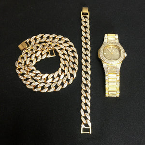 Necklace +Watch+Bracelet Hip Hop Miami Curb Cuban Chain Gold Silver Iced Out Paved Rhinestones CZ Bling Rapper For Men Jewelry