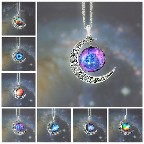 Universe Starry Sky moon Jewelry Stainless Steel Silver Color NecklaceTime Gem Pendant Necklace Women/Men Gift Crystal Necklaces
