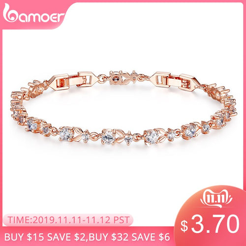 BAMOER 6 Colors Luxury Rose Gold Color Chain Link Bracelet for Women Ladies Shining AAA Cubic Zircon Crystal Jewelry JIB013