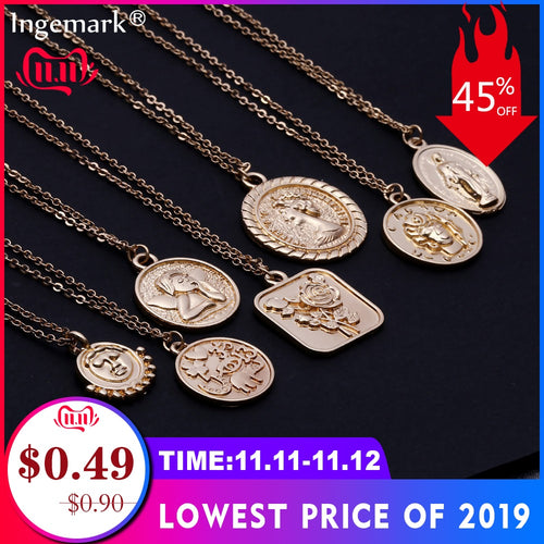 Ingemark Simple Vintage Carved Coin Pendant Necklace Statement Face Goddess Virgin Mary Rose Angel Long Chain Necklace Women