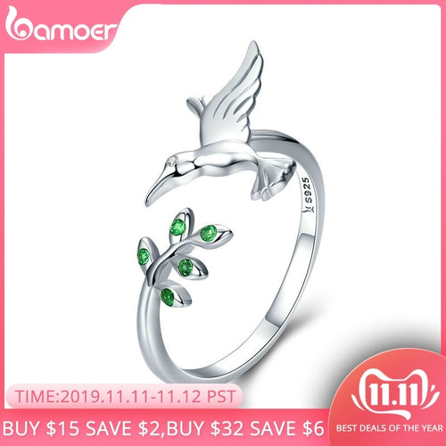 BAMOER Authentic 925 Sterling Silver Bird & Spring Tree Leaves Open Size Finger Rings for Women Sterling Silver Jewelry SCR323