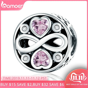BAMOER Authentic 100% 925 Sterling Silver Infinity Love Pink Heart Crystal Beads Fit Charm Bracelets Fine Jewelry S925 SCC240