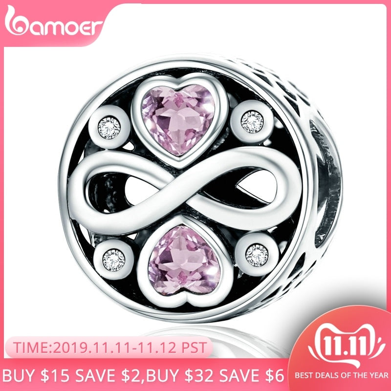 BAMOER Authentic 100% 925 Sterling Silver Infinity Love Pink Heart Crystal Beads Fit Charm Bracelets Fine Jewelry S925 SCC240