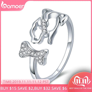 BAMOER 925 Sterling Silver Dog's Company Animal Dog & Bone Finger Rings for Women Adjustable Size Sterling Silver Jewelry SCR416