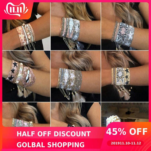SHINUSBOHO 5X Punk Miyuki Charm Friendship Bracelets Bangles Gothic Rock Gold Rivets Men Jewelry Statement Bracelets for Women