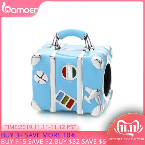 bamoer 925 Sterling Silver Blue Enamel Suitcase Metal Bead fit Women Jewelry Making Original Silver Bracelet DIY Jewelry SCC1377