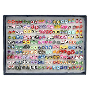 100 Pairs/Set Random Plant Fruit Animal Stud Earrings For Women Girls Kids Jewelry Cute Bear Polymer Clay Earring Set Mix Gifts