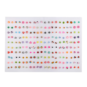 100 Pairs/Set Random Plant Fruit Animal Stud Earrings For Women Girls Kids Jewelry Cute Bear Polymer Clay Earring Set Mix Gifts