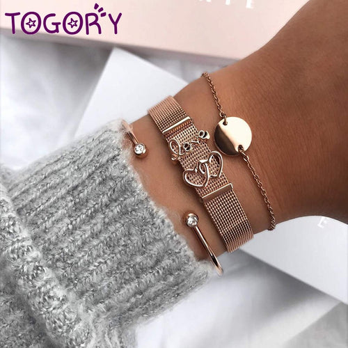 TOGORY Valentine's Day Gift Stainless Steel Mesh Bracelets Love Heart to Heart Charms Brand Bracelet for Woman Man Jewelry