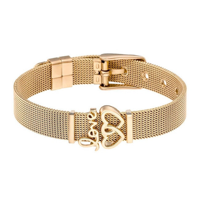 TOGORY Valentine's Day Gift Stainless Steel Mesh Bracelets Love Heart to Heart Charms Brand Bracelet for Woman Man Jewelry