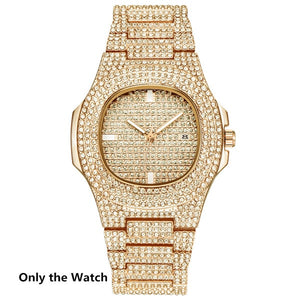 Necklace +Watch+Bracelet Hip Hop Miami Curb Cuban Chain Gold Silver Iced Out Paved Rhinestones CZ Bling Rapper For Men Jewelry