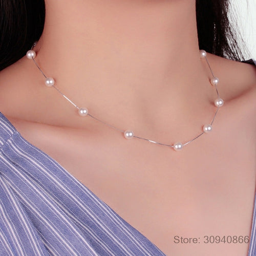 925 Sterling Silver Jewelry 12 PCS 6mm Pearl Box Chain Choker Necklace kolye collares bijoux femme S-N54